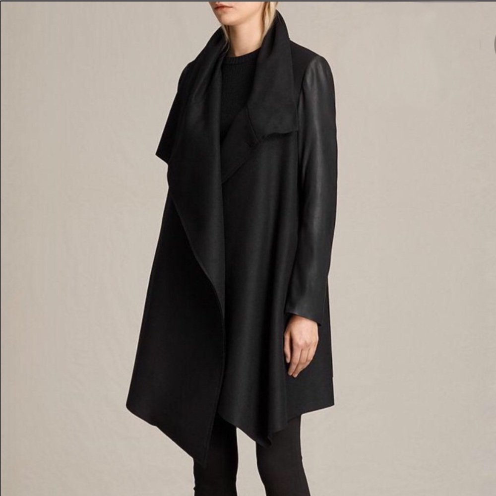 All Saints wool coat with genuine leather sleeves